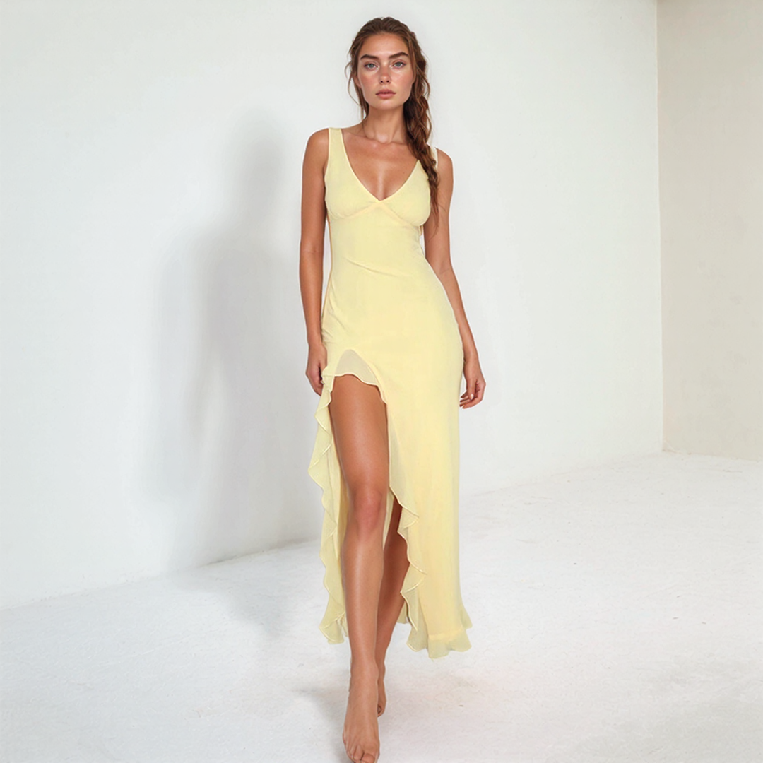 Maxi Dress with Ruffle Trim and Slit Ronkane Maxi Dress with Ruffle Trim and Slit Ronkane