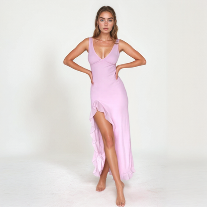 Maxi Dress with Ruffle Trim and Slit